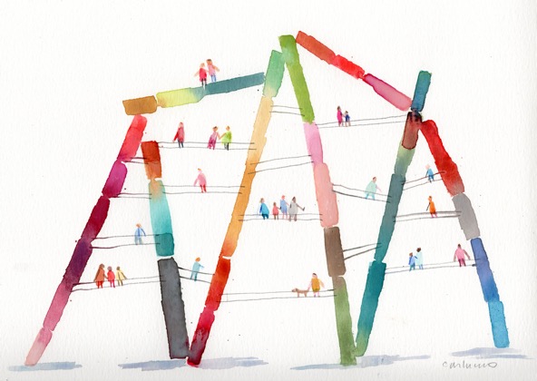 illustration of figures walking on lines strung between the skeleton of a colorful structure