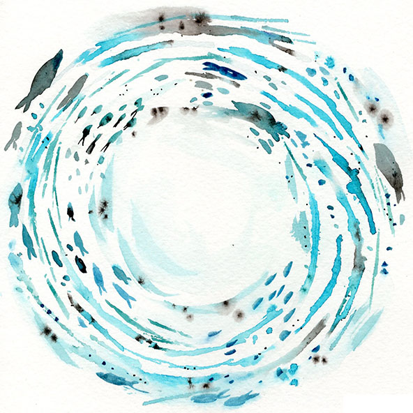 watercolor illustration of swirling ocean waters filled with fish