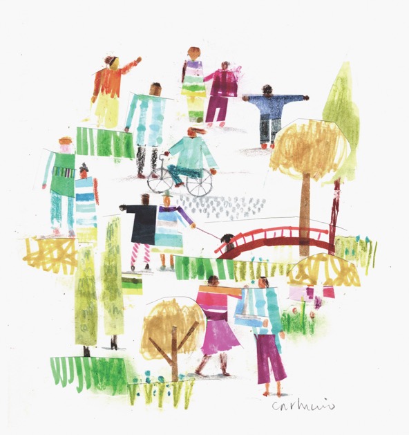 water color painting of human figures in nature near a bridge and trees and grass