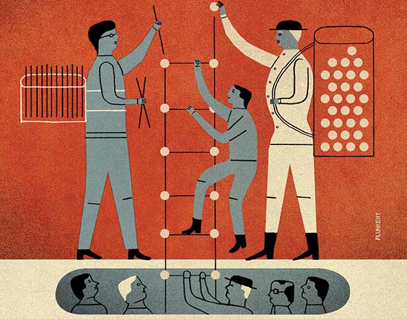People building a ladder so other people can climb out of a hole