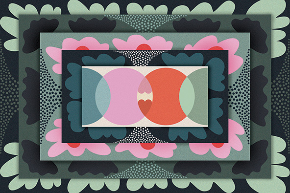 interlocking circles framed with flowers and green rectangles
