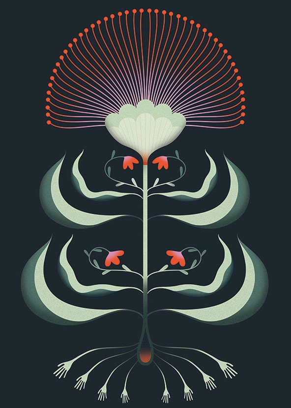 A flower with long anthers, leaves, and hands for roots