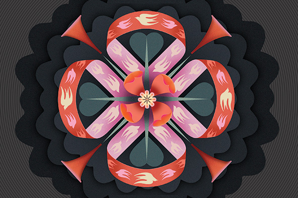 Design with flower at the center, ribbon with doves, horns