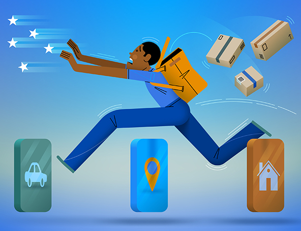 Delivery person with backpack running toward stars with packages in the air behind them