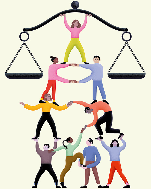 A pyramid of nine people holding up a set of scales