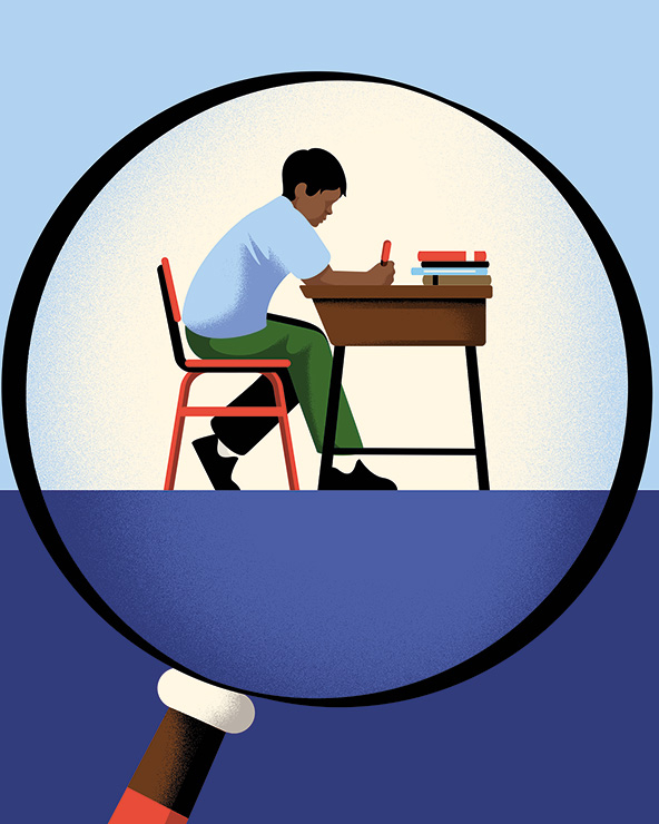 A magnifying glass over a student sitting at a school desk