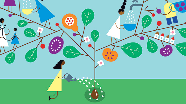 Person watering a plant with colorful leaves and getting water from a faucet connected to a branch