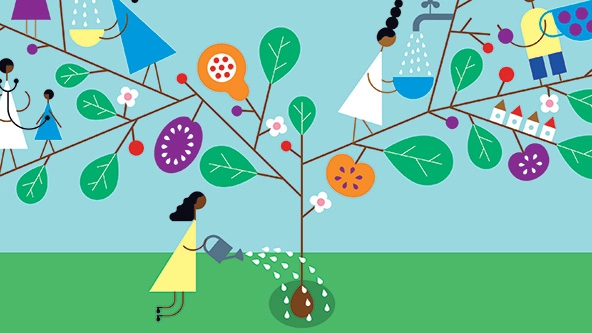 Person watering a plant with colorful leaves and getting water from a faucet connected to a branch