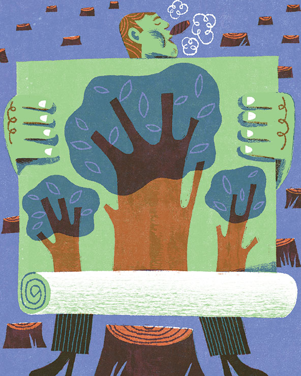 Figure smoking cigar holding a poster of trees in a forest of tree stumps