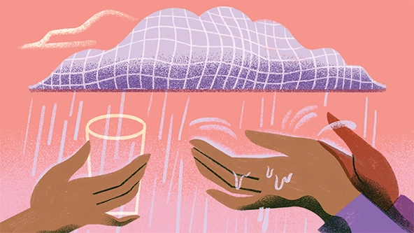 Hand holding a drinking glass and open hands catching water coming from a cloud
