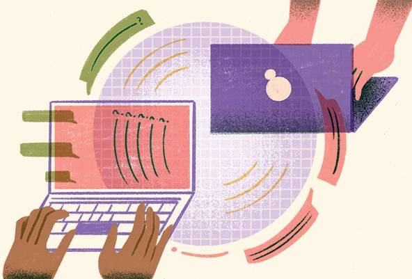 Hands on the keyboards of two laptops connected by a circle of cloud technology