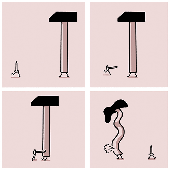 nail walking toward a hammer balloon, punctures it, hammer deflates