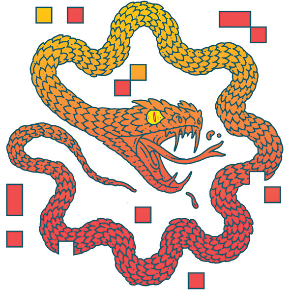 snake with open mouth, fangs exposed