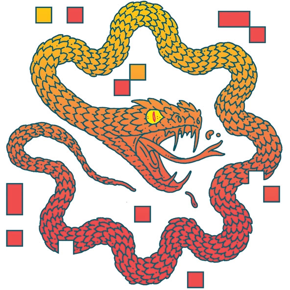 snake with open mouth, fangs exposed