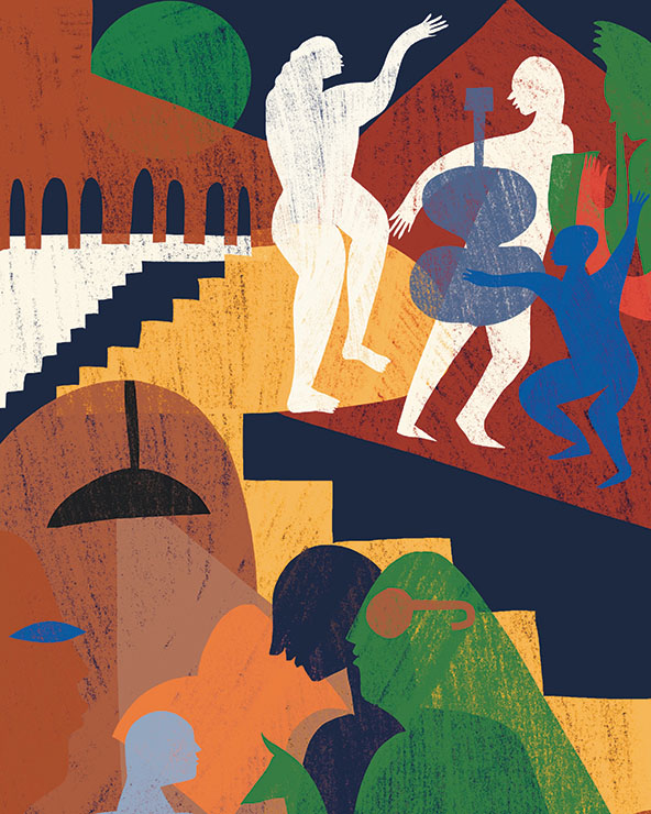 Figures playing an instrument, dancing, talking with each other
