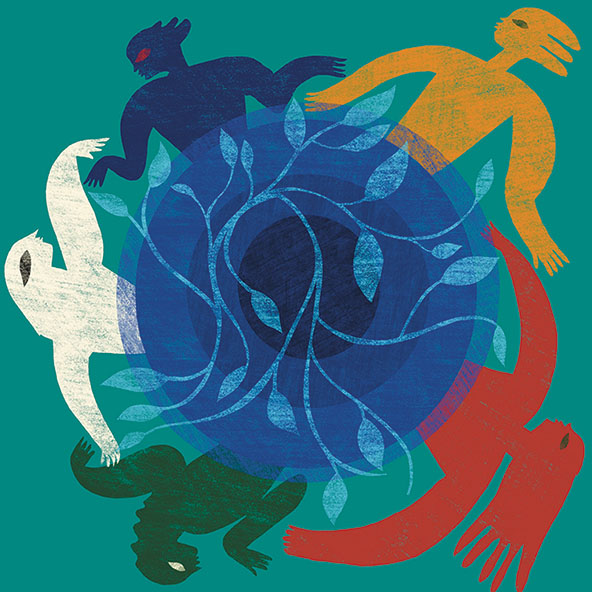 Figures holding hands around a circle covered in vines