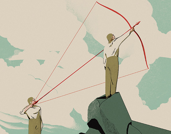 two people holding a giant bow and arrow aimed toward the sky