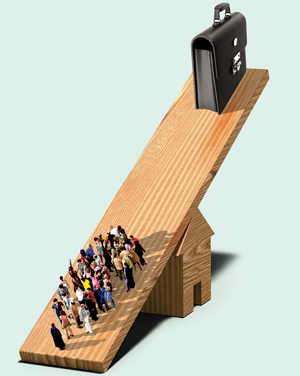 a seesaw with a group of people on one side weighed down to the ground; a brief case on the other side lifted in the air