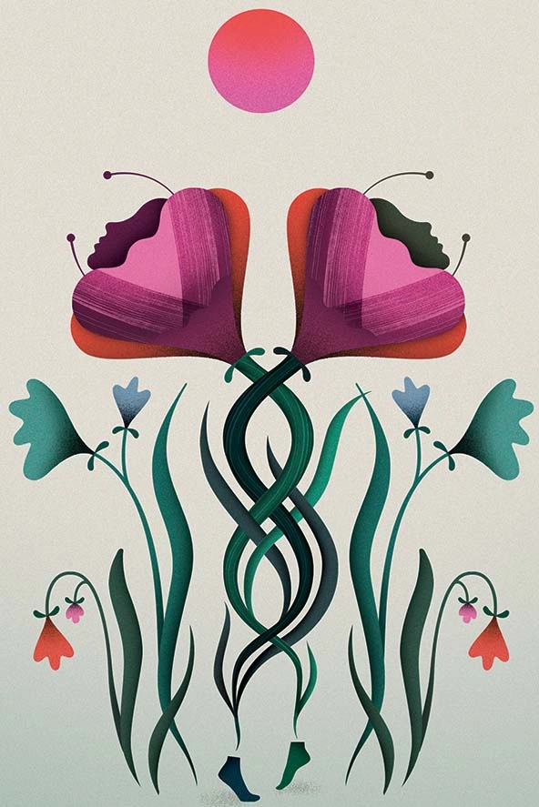 Two flowers with interlocking stems raised toward the sun