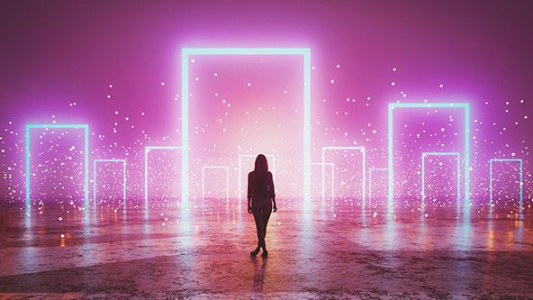 woman standing in front of glowing portals