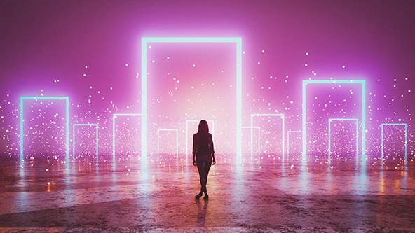 woman standing in front of glowing portals