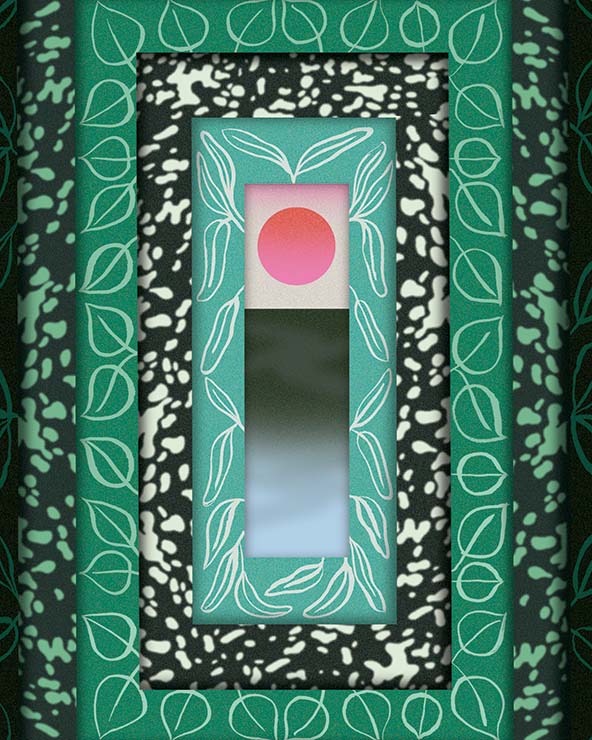 framing leaf designs surround a pink circle rising above a shadow