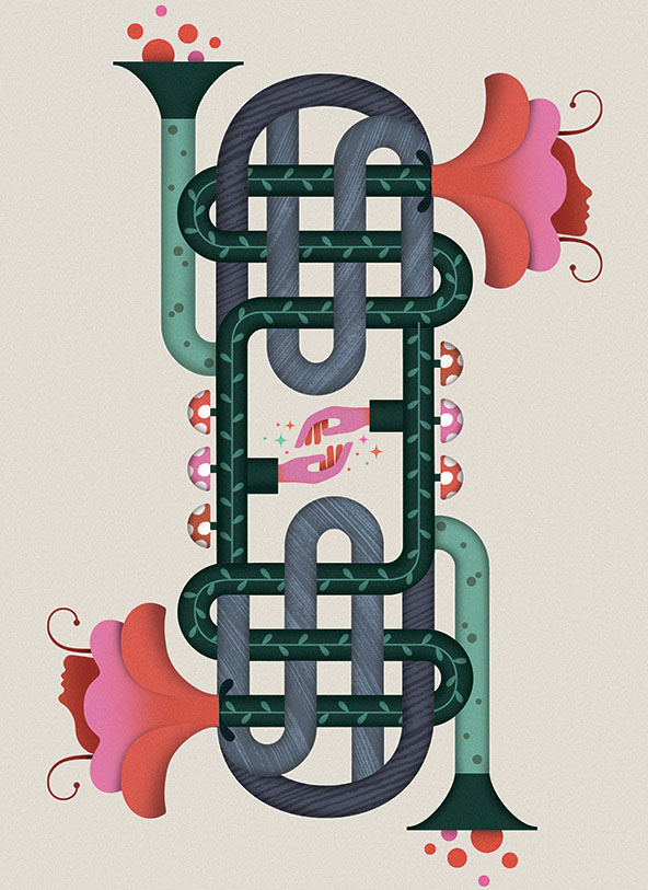 twisted loops of pipe with funnel at one end and flower at another