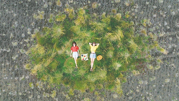 Two woman on green grass looking up at drone camera