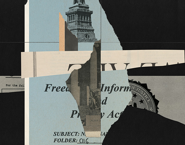 collage of icons representing liberty and justice