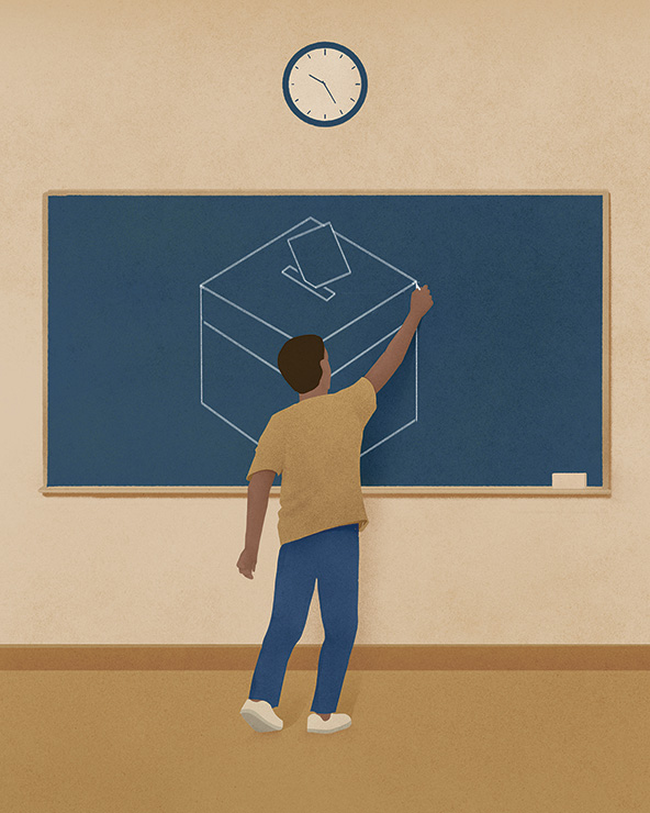 Illustration of youth  drawing a voting poll box on a blackboard
