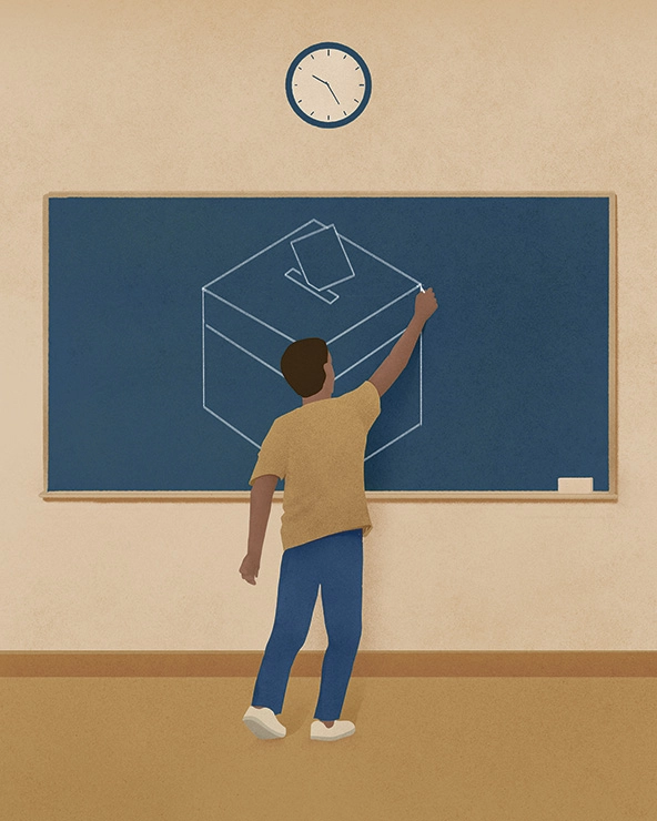Illustration of youth  drawing a voting poll box on a blackboard