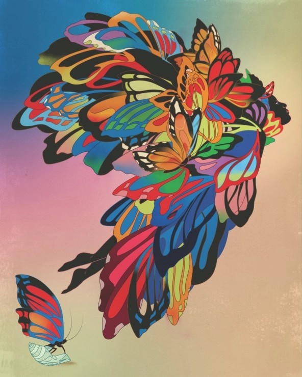 illustration of a butterflies in the shape of a larger butterfly pointed up and rightward, similar to an arrow
