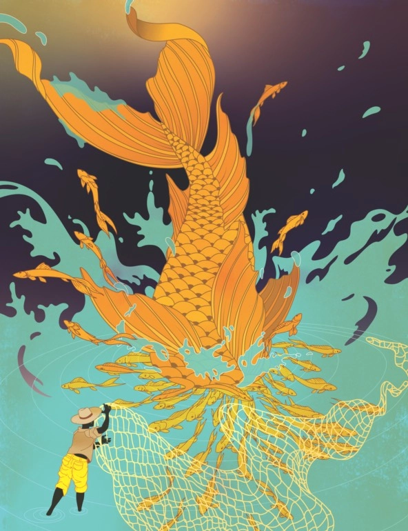 Illustration of a giant fish diving into water