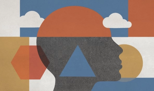 Illustration of a human head and colorful geometric shapes with clouds in the sky