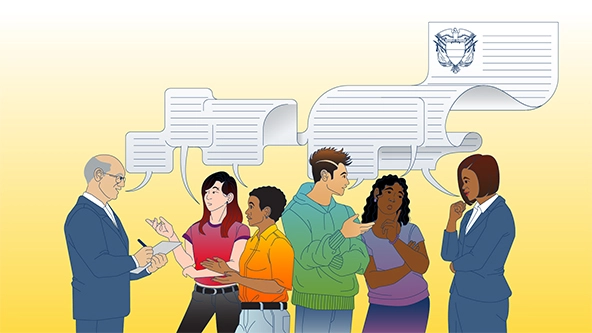 young people standing with elected leaders with speech bubbles overhead